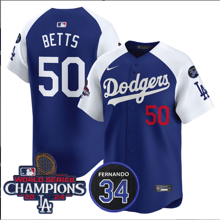 Men MLB Los Angeles Dodgers  #50 Betts blue 2024 World Series Champions Patch Limited Jersey style 3